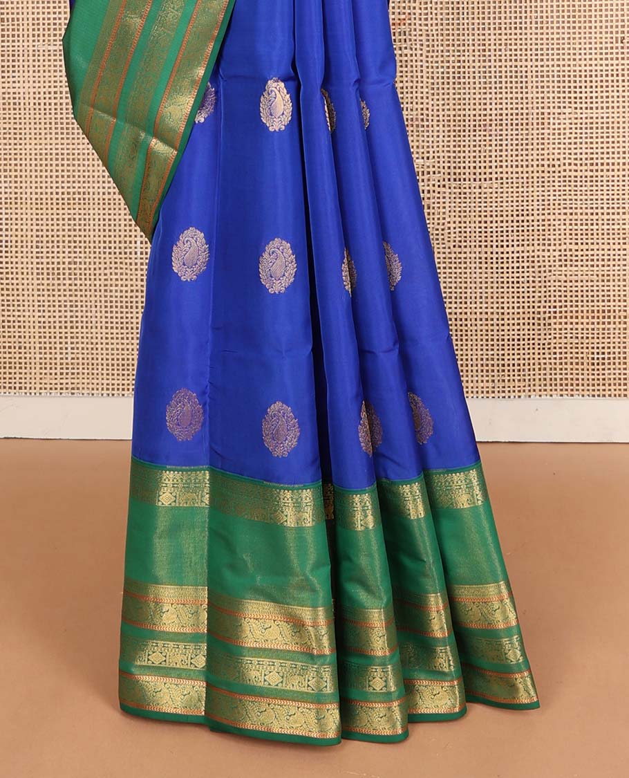 Blue zari buttas Vasundhara silk mix saree, contrast rettai pettu traditional zari design border & jaal pallu