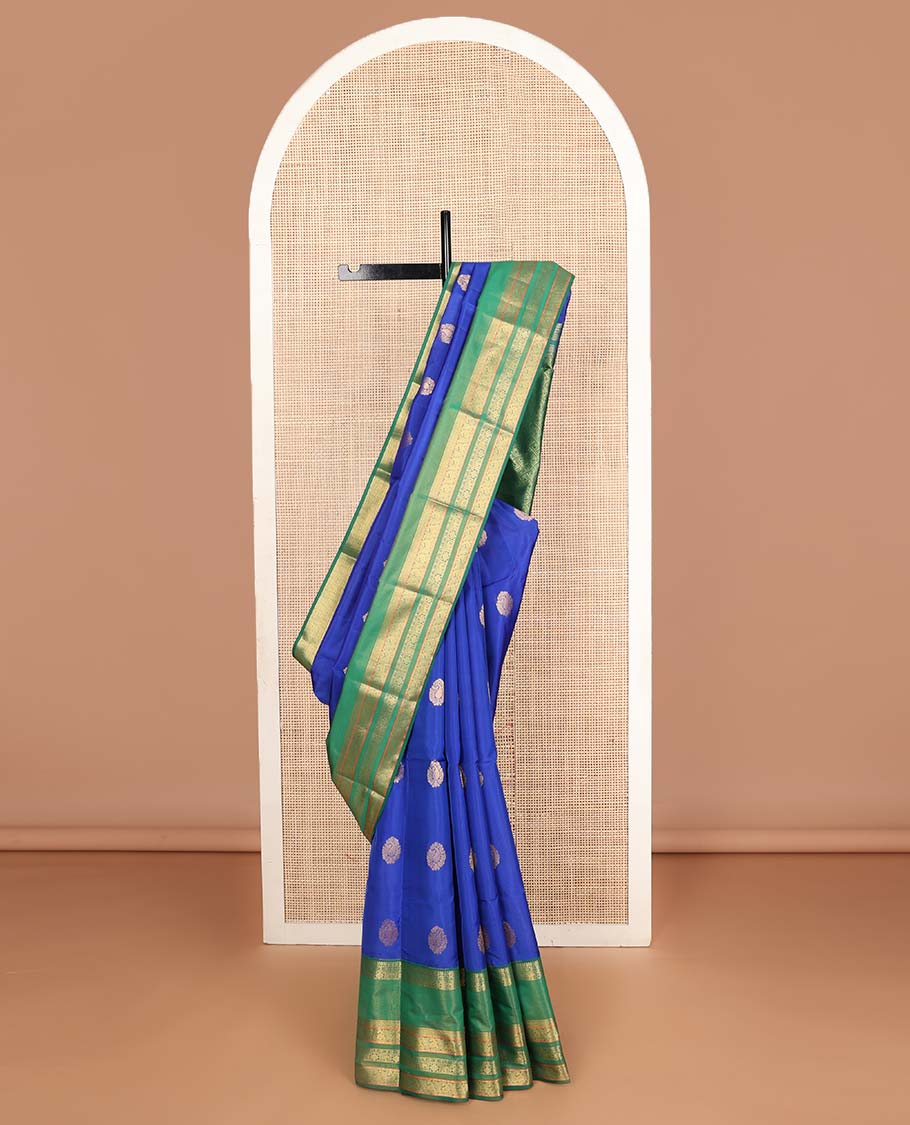 Blue zari buttas Vasundhara silk mix saree, contrast rettai pettu traditional zari design border & jaal pallu