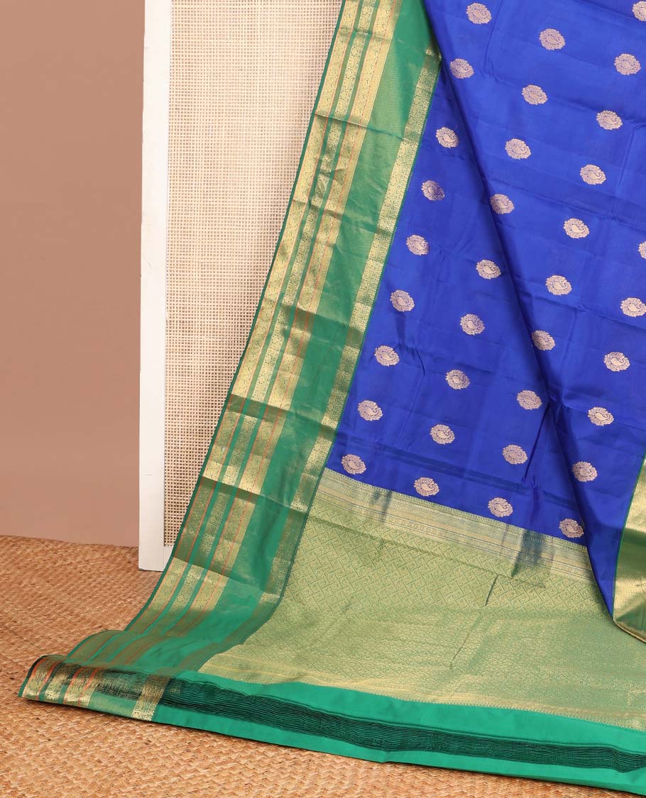 Blue zari buttas Vasundhara silk mix saree, contrast rettai pettu traditional zari design border & jaal pallu