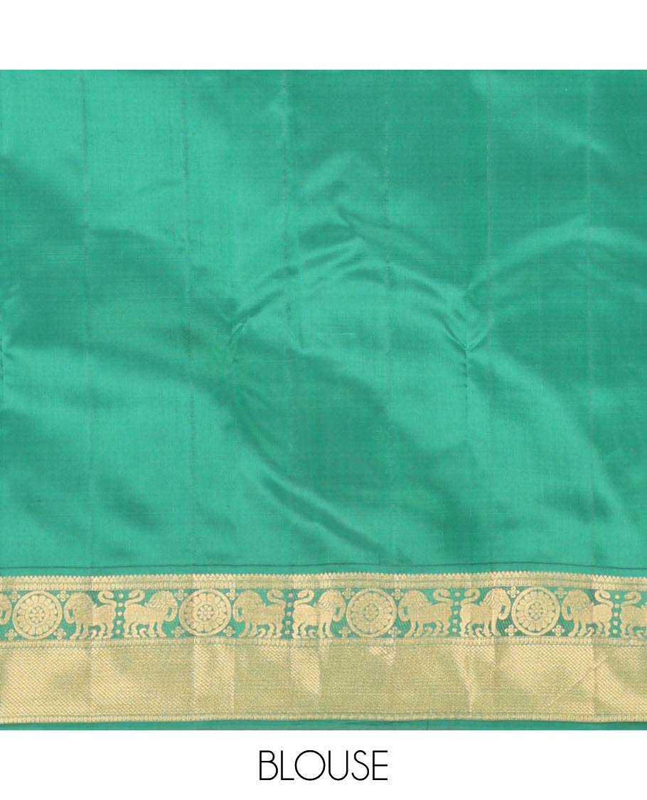 Dark Green malli mokku zari buttas Vasundhara silk mix saree, zari border of rekku, rudraksham, yaali , chakram & mayil kann & intricate pallu