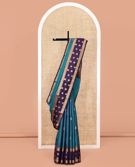 Blue Vasundhara Lite Silk Mix Saree, Entralled with Zari Buttas All Over Its Body, Complemented by Contrast Border of Mayil and Chakram Designs, Pallu of Checked Design, and Paired with a Contrast Blouse