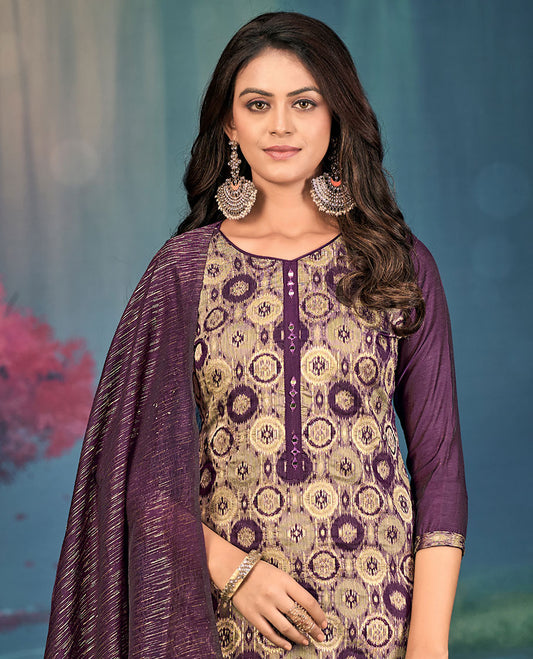 Violet churidar material set, round motifs, and mirror embroidered top, plain bottom, and geometric patterned dupatta