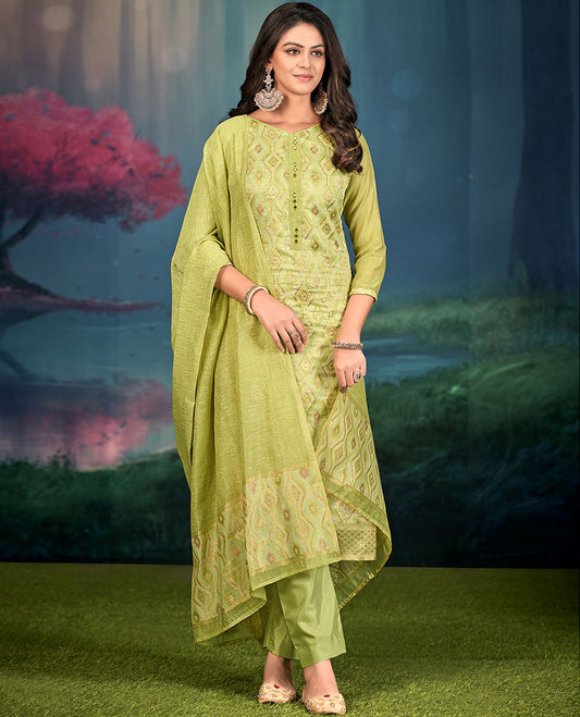Light green churidar material set, diamond patterned and mirror embroidered top, plain bottom, and geometric patterned dupatta