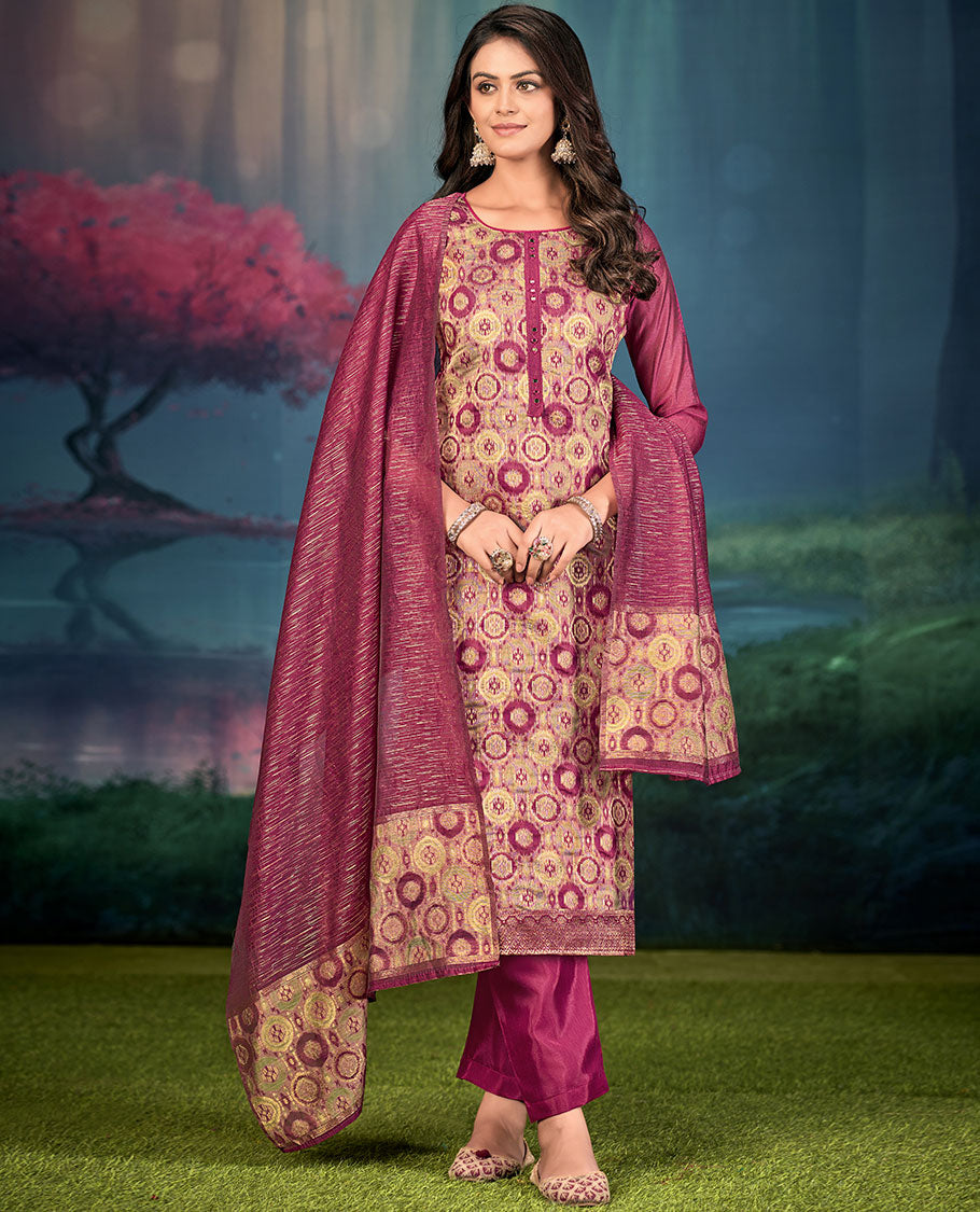 Magenta churidar material set, round motifs, and mirror embroidered top, plain bottom, and geometric patterned dupatta