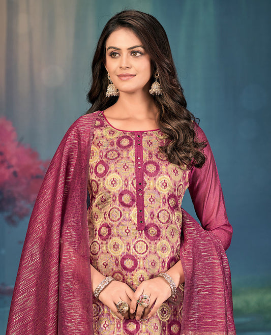 Magenta churidar material set, round motifs, and mirror embroidered top, plain bottom, and geometric patterned dupatta