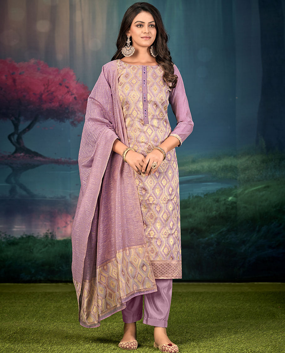 Lavender churidar material set, diamond patterned and mirror embroidered top, plain bottom, and geometric patterned dupatta
