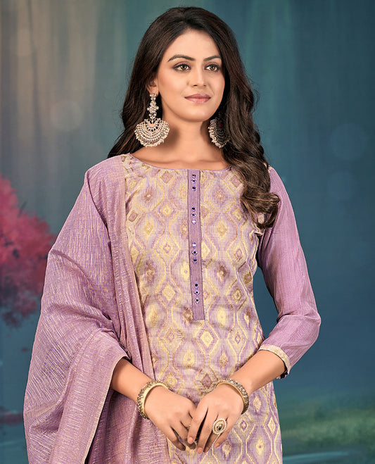 Lavender churidar material set, diamond patterned and mirror embroidered top, plain bottom, and geometric patterned dupatta