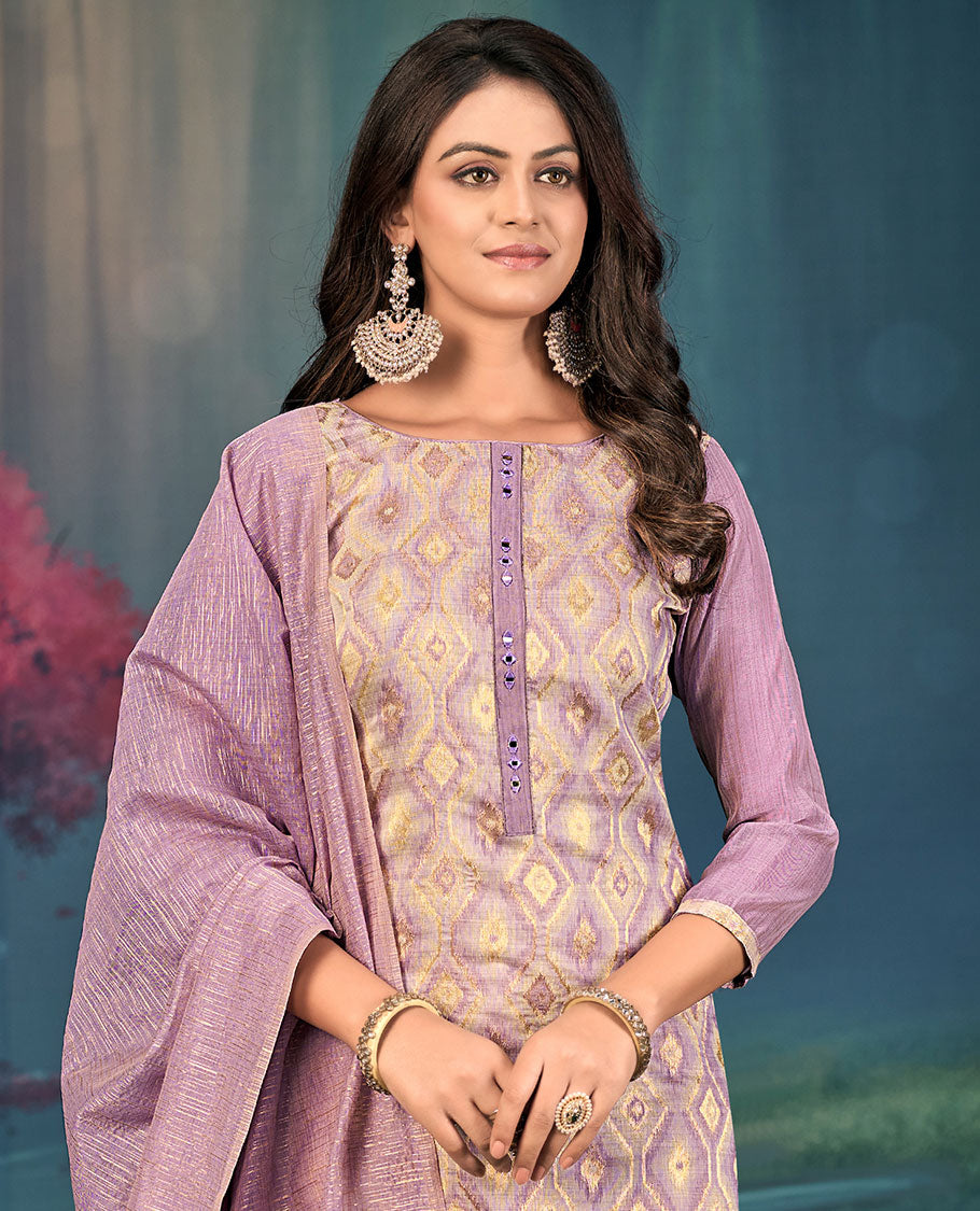 Lavender churidar material set, diamond patterned and mirror embroidered top, plain bottom, and geometric patterned dupatta