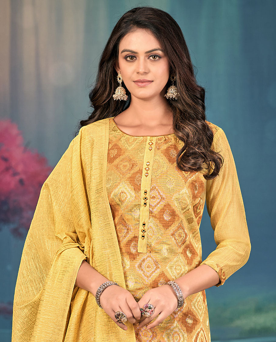 Yellow churidar material set, diamond patterned and mirror embroidered top, contrast plain bottom, and geometric patterned dupatta