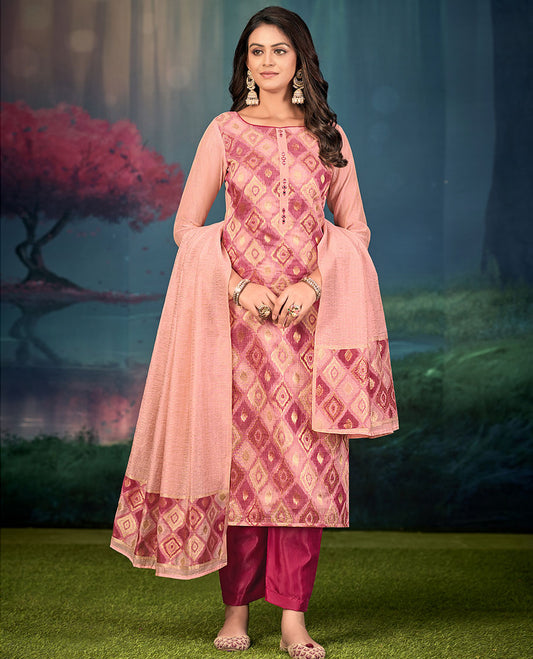 Pink churidar material set, diamond patterned and mirror embroidered top, contrast plain bottom, and geometric patterned dupatta