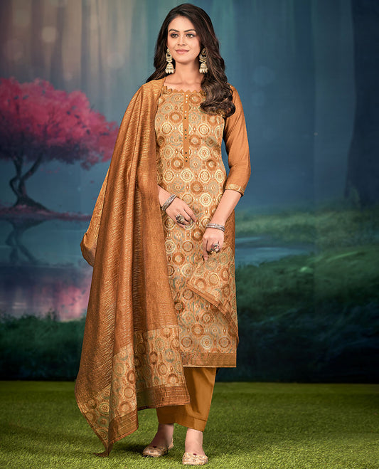 Honey color churidar material set, round motifs, and mirror embroidered top, plain bottom, and geometric patterned dupatta