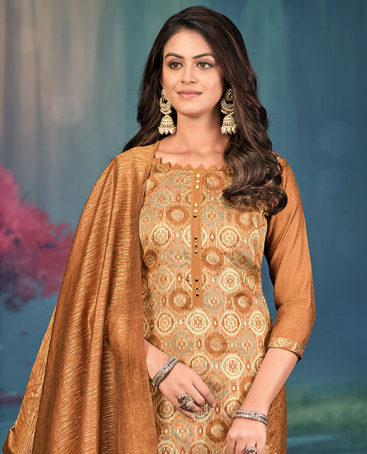 Honey color churidar material set, round motifs, and mirror embroidered top, plain bottom, and geometric patterned dupatta