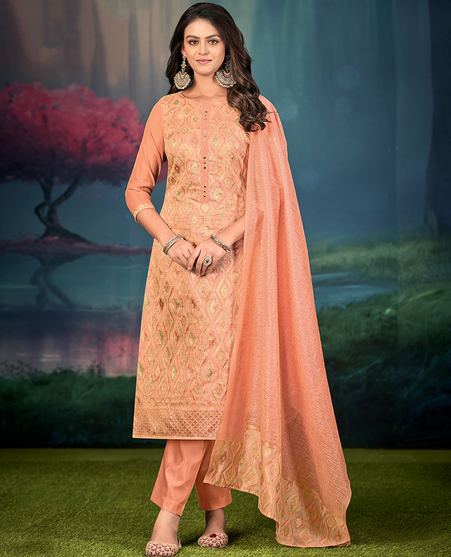 Orange churidar material set, diamond patterned and mirror embroidered top, plain bottom, and geometric patterned dupatta