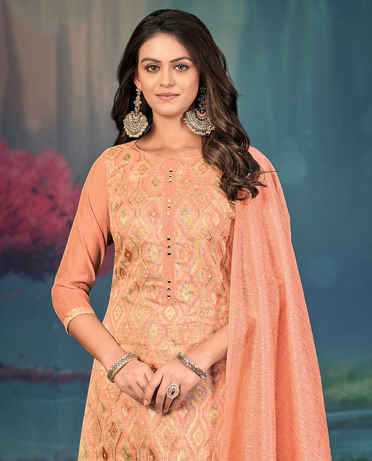 Orange churidar material set, diamond patterned and mirror embroidered top, plain bottom, and geometric patterned dupatta