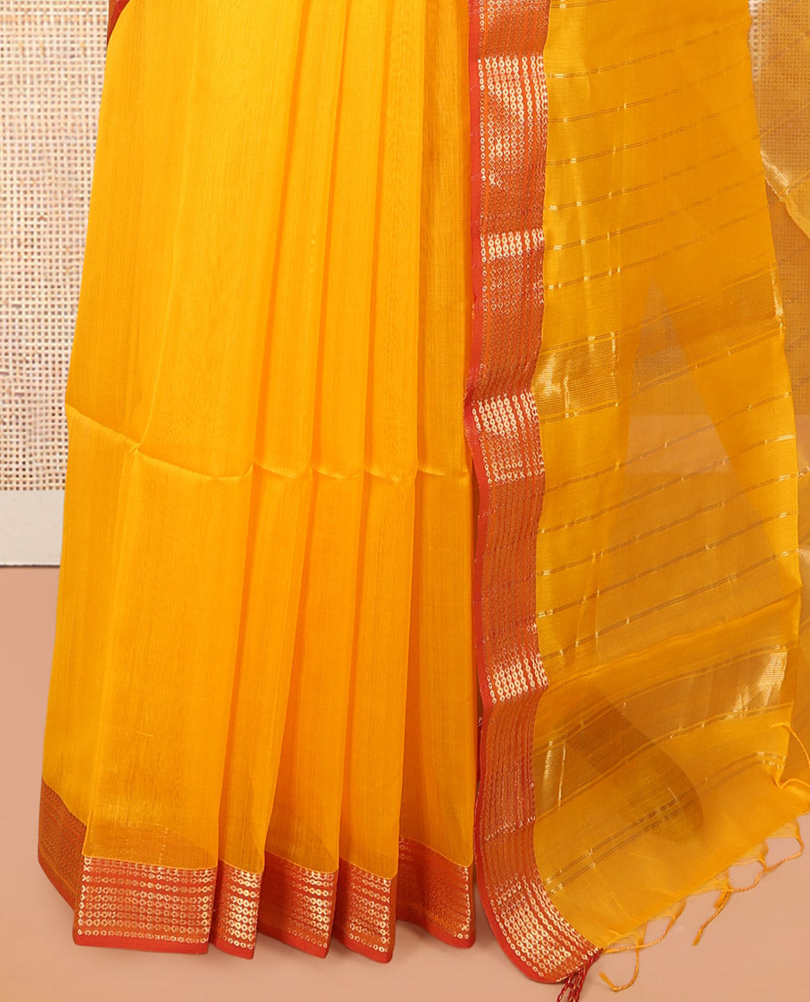 Yellow Plain Maheshwari Cotton Saree, a Contrast Traditional Zari Border, Pallu of Zari Stripes, and a Matching Blouse