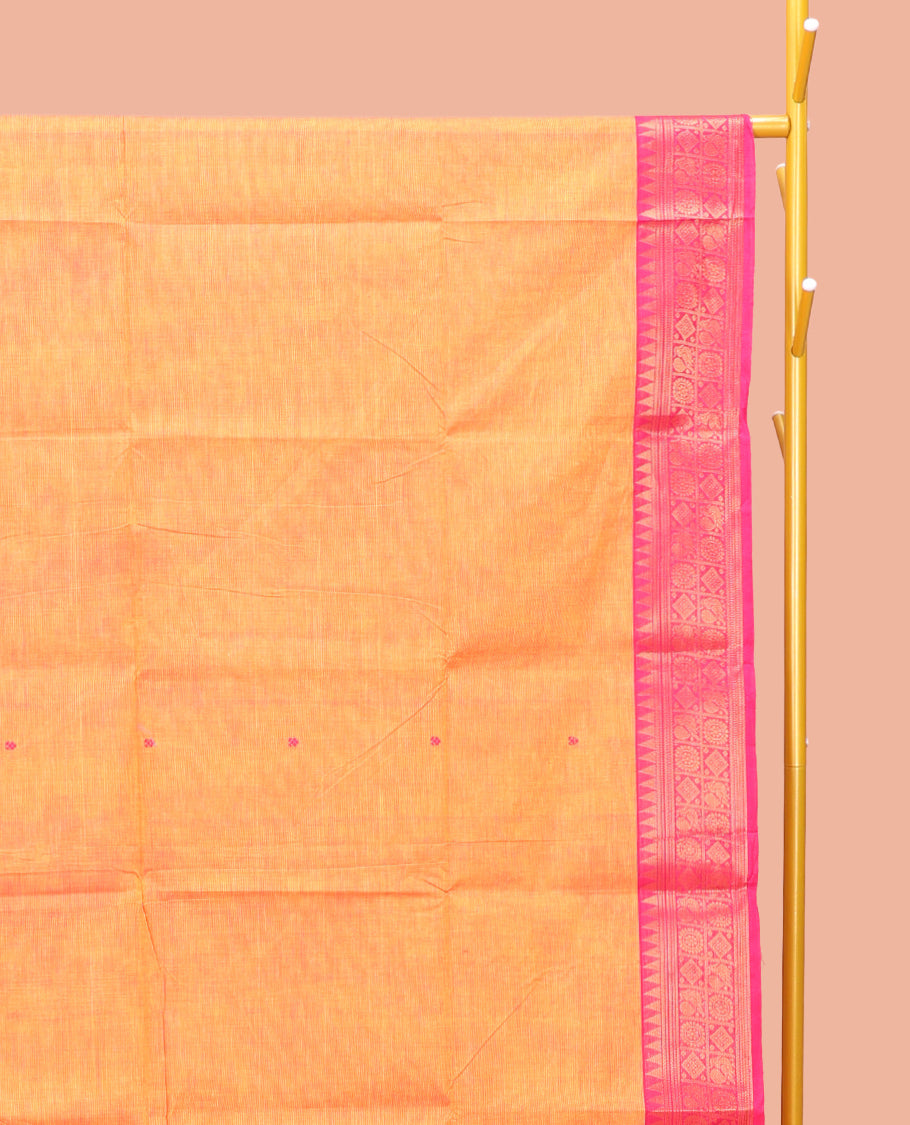 Orange Chettinad Cotton Saree, Adorned with Thread Buttas All Over Its Body, Complemented by a Contrast Traditional Zari Design Border, Pallu of Buttas and Stripes, and Paired with a Matching Blouse