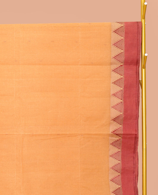Orange Bengal Cotton Saree, Subtly Woven with Buttas, Contrast Temple Border, Pallu of Stripes, and Matching Blouse