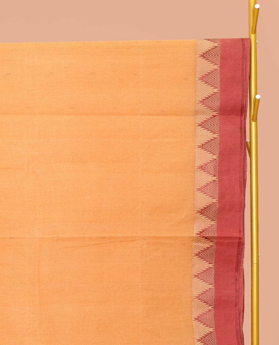 Orange Bengal Cotton Saree, Subtly Woven with Buttas, Contrast Temple Border, Pallu of Stripes, and Matching Blouse