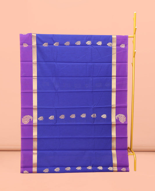 Blue Semi-Silk Cotton Saree, Richly Detailed with Floral Zari Buttas All Over Its Body, Complemented by Contrast Border of Paisleys, Pallu of Floral Designs, and Paired with a Matching Blouse