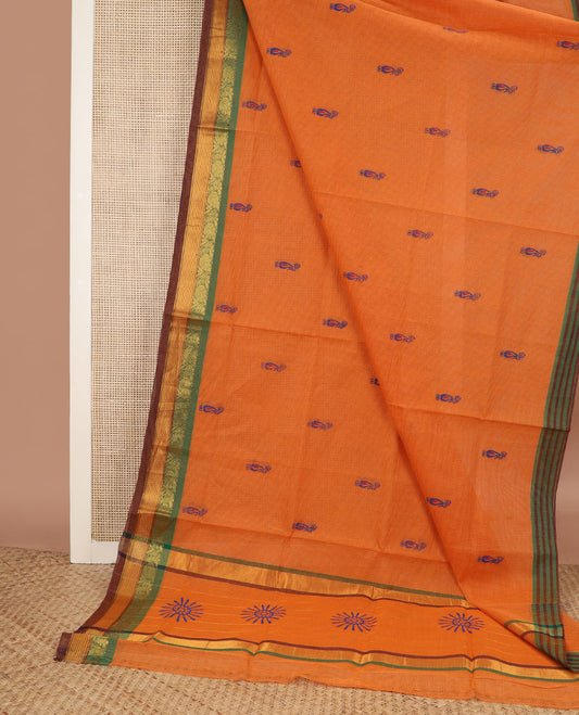 Orange micro-checked & buttas Venkatagiri cotton saree, contrast traditional zari border & pallu of stripes & buttas