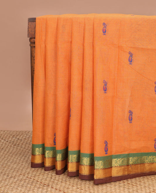Orange micro-checked & buttas Venkatagiri cotton saree, contrast traditional zari border & pallu of stripes & buttas