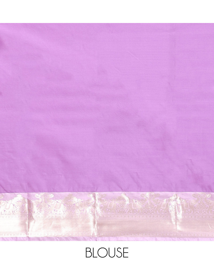 Grey Budget Silk Saree, Sparsely Threaded with Peacock-Chakram Buttas, Complemented by Contrast Traditional Zari Border, Pallu of Jaal and Paisleys, and Contrast Blouse