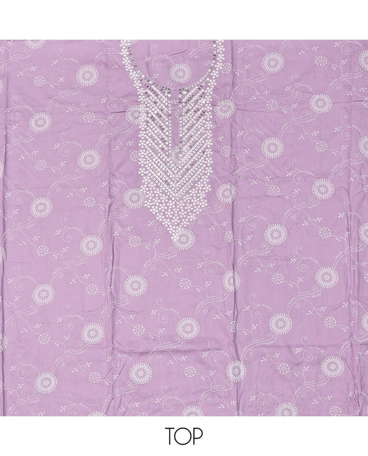 Light Lavender Material Chudidar Set, Adorned with Subtle Print and Neck Embroidery on Rayon Top, a Contrast Polka Dot Printed Bottom, and Paired with Embroidered Chiffon Dupatta