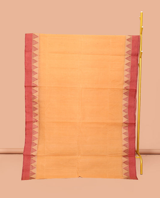 Orange Bengal Cotton Saree, Subtly Woven with Buttas, Contrast Temple Border, Pallu of Stripes, and Matching Blouse