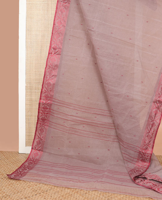 Grey  bengal cotton saree with buttas  & floral design border & striped, motifs pallu