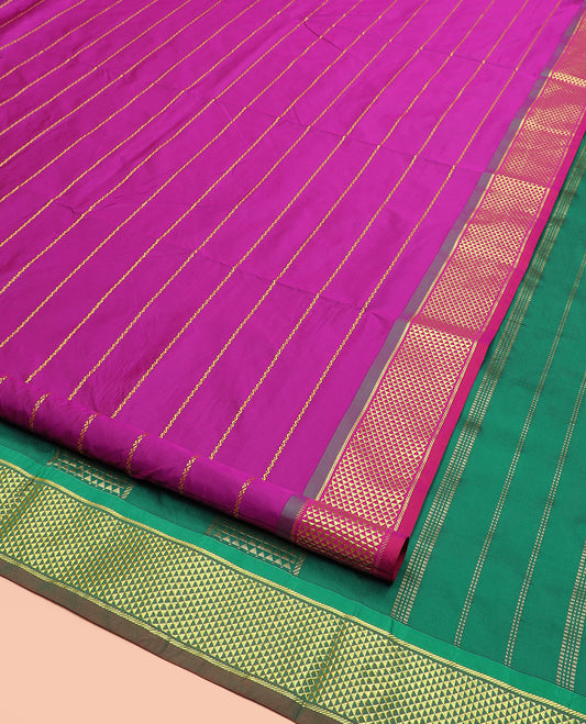 Rani Pink Ten-Yard Art Silk Saree Accentuated with Neli Stripes on Its Body, Complemented by a Contrast Traditional Ara Maadam Border, and Pallu Elevated with Traditional Ara Maadam Designs