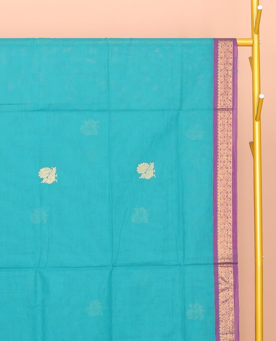 Blue Venkatagiri Cotton Saree, Enriched with Peacock Buttas, a Contrast Zari Border, Pallu of Buttas and Stripes, and No Blouse