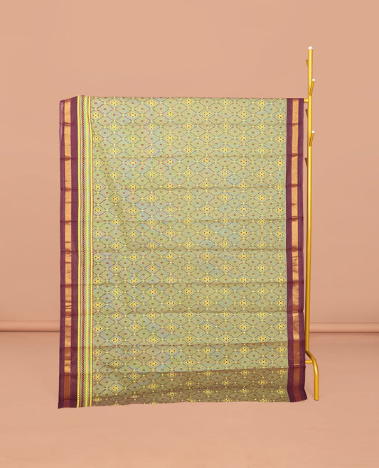 Green Chirala Cotton Saree, Accentuated with an Argyle Design, a Contrast Zari Border, Contrast Peacock Pallu, and a Contrast Blouse