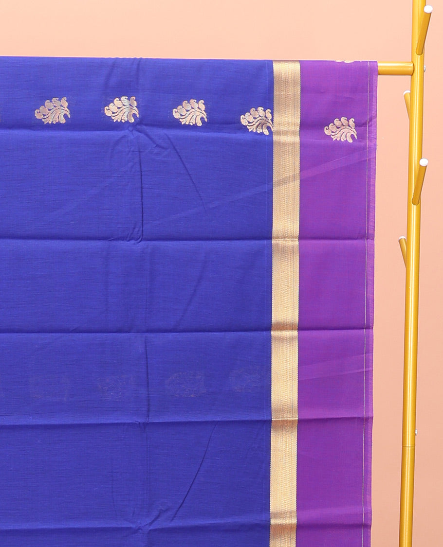 Blue Semi-Silk Cotton Saree, Richly Detailed with Floral Zari Buttas All Over Its Body, Complemented by Contrast Border of Paisleys, Pallu of Floral Designs, and Paired with a Matching Blouse