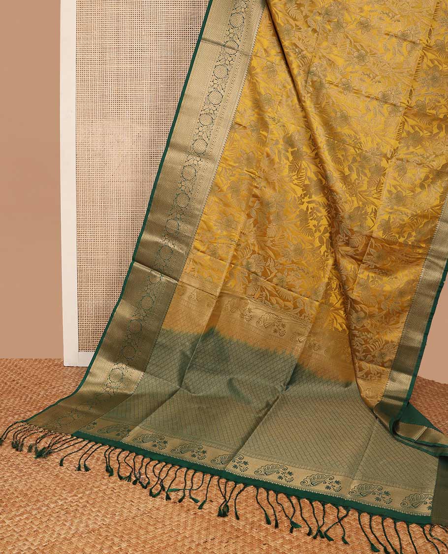 Mustard floral jacquard soft silk saree with contrast zari design border & argyle design pallu