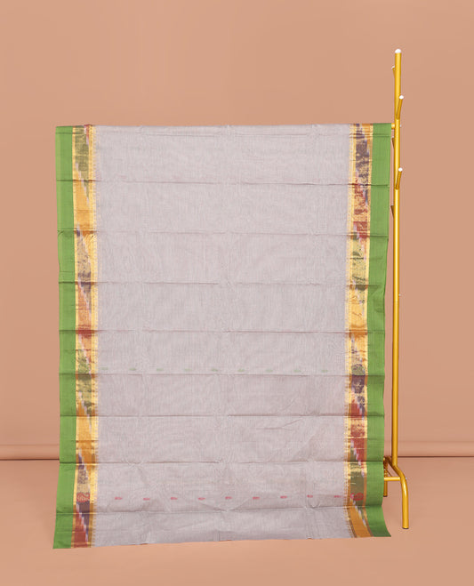 Grey Kanchi Cotton Saree, Decorated with Buttas All Over Its Body, Complemented by a Contrast Ikkat Border, Pallu of Paisley and Circle Designs, and Paired with a Matching Blouse