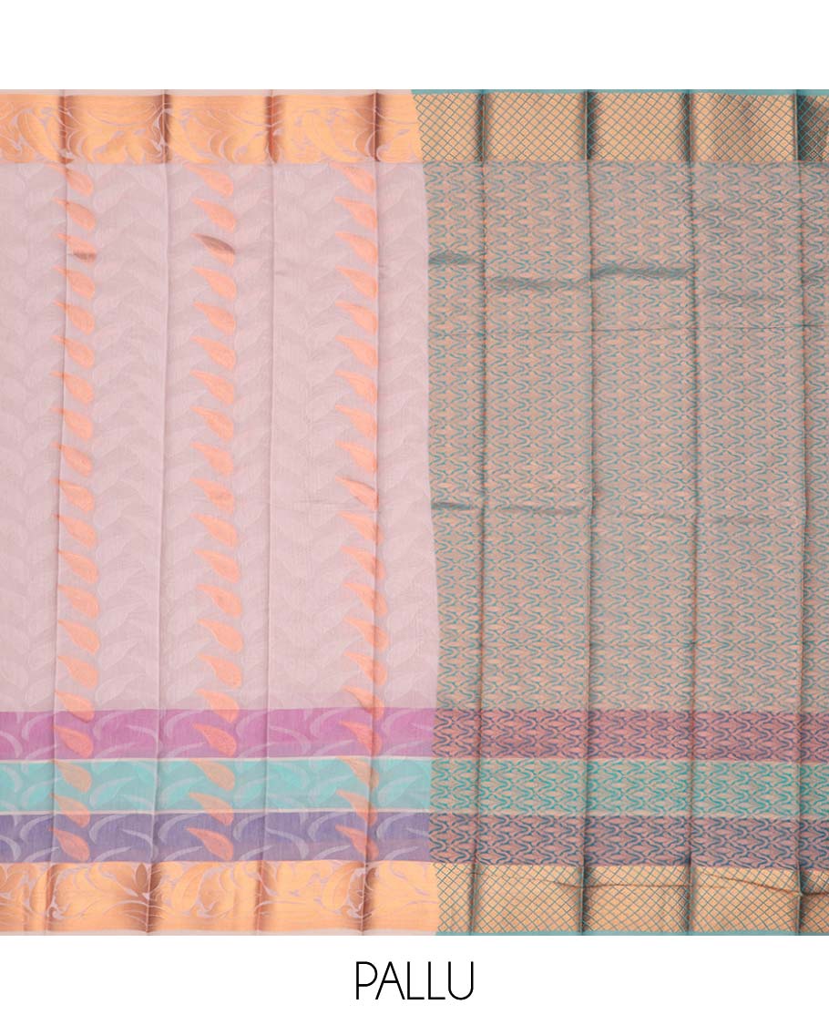 Peach leaf motifs kora cotton saree with contrast zari design border & pallu of intricate zari design
