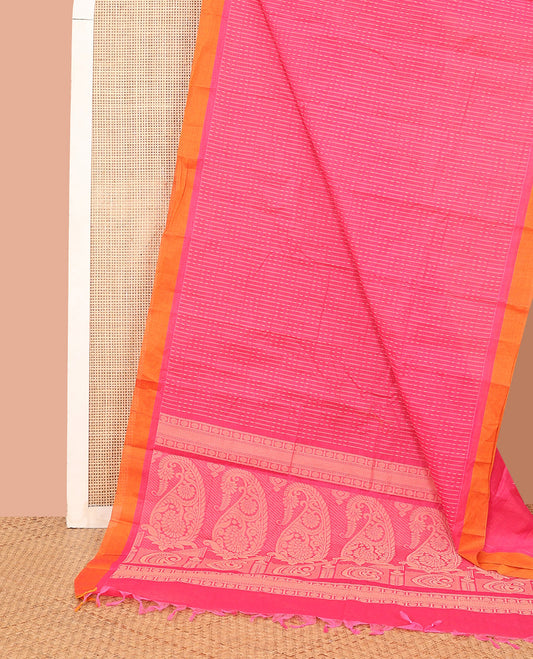 Pink Kanchi Cotton Saree, Delicately Woven with Thread Stripes All Over Its Body, Complemented by Contrast Border, Pallu Featuring Paisley Designs, and Paired with a Matching Blouse