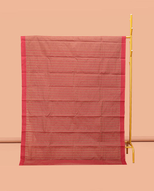 Pale Brown Kanchi Cotton Saree, Embellished with Stripes, Complemented by a Contrast Border, Intricate Pallu, and a Matching Blouse