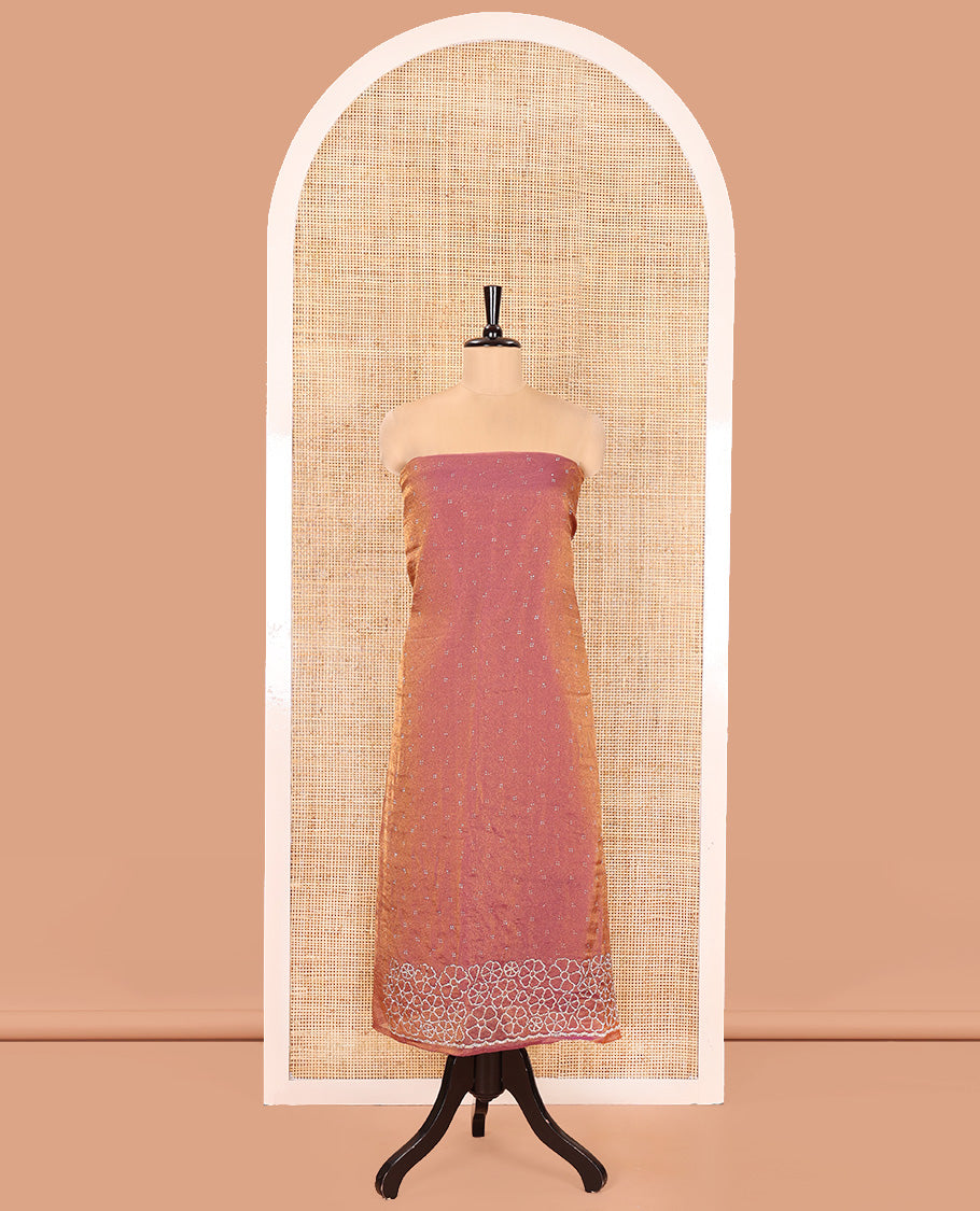 Pink Moss Organza Material Churidar Set, Gleamed Up with Swarovski Stone Work-Style Floral Top, Comes with a Plain Santoon Bottom, and Is Paired with Swarovski Stone Work Moss Organza Dupatta