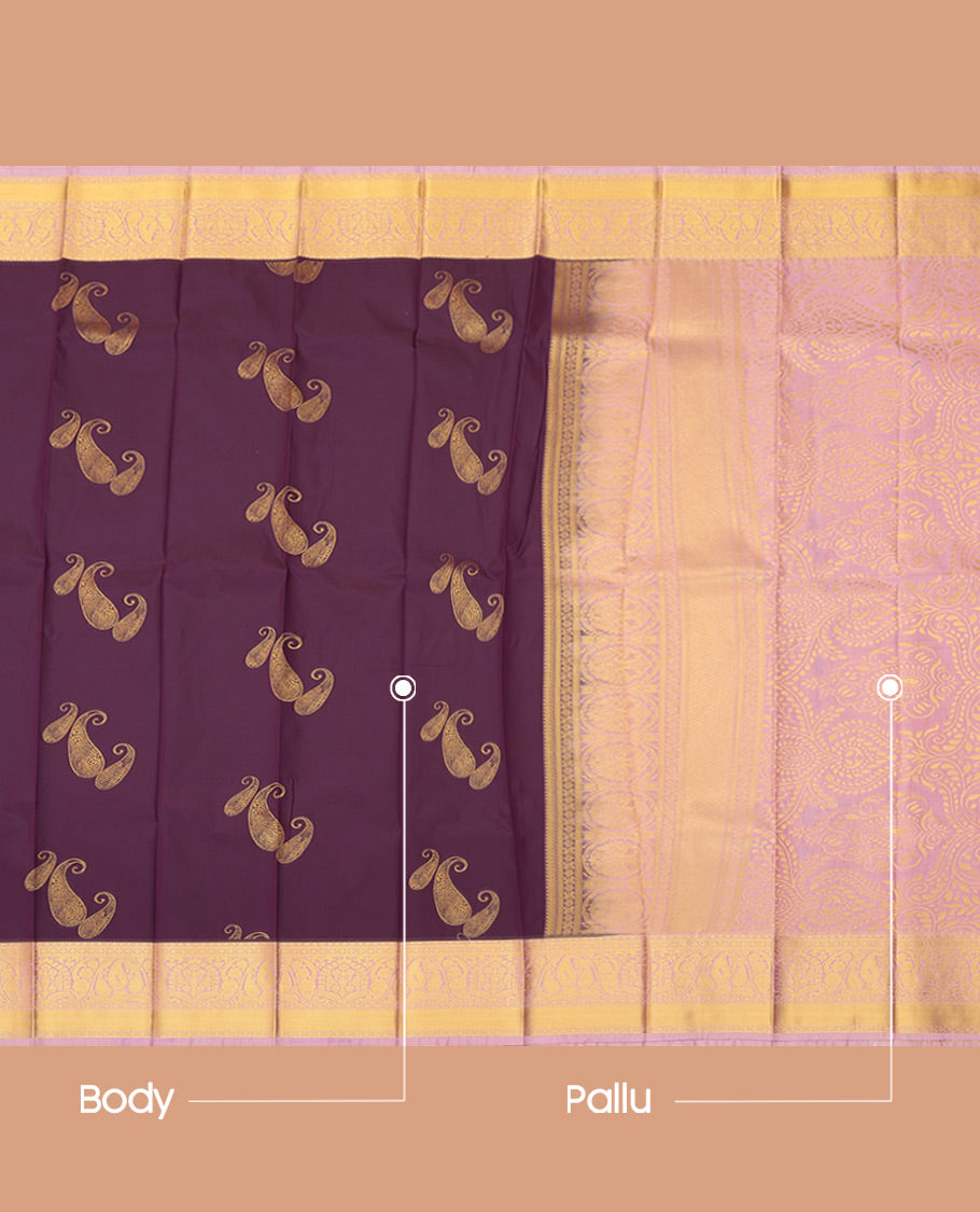 Wine Budget Silk Saree, Crafted with Paisley Zari Buttas, Complemented by Contrast Traditional  Zari Border, a Grand Pallu and a Contrast Blouse