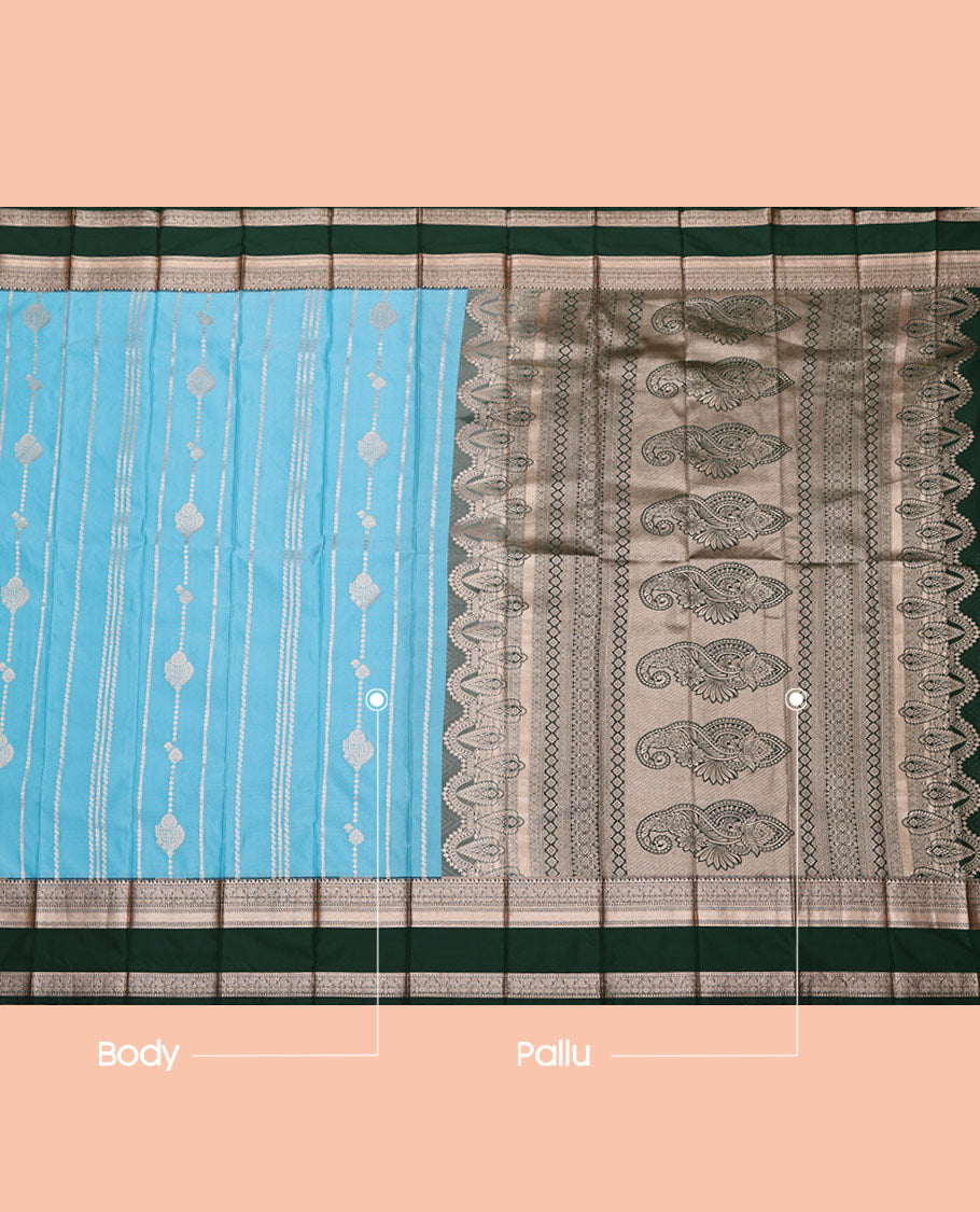 Blue Budget Silk Saree, Decked Up with Zari Designs All Over Its Body, Complemented by a Contrast Traditional Zari Design Rettai Pettu Border, Intricate Pallu, and Paired with a Contrast Blouse