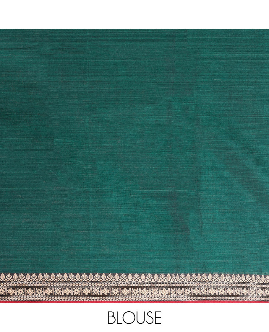 Green Plain Narayanpet Cotton Saree, Complemented by a Contrast Temple Thread Woven Border of Traditional Designs, Vibrantly Striped Pallu, and Paired with a Matching Blouse