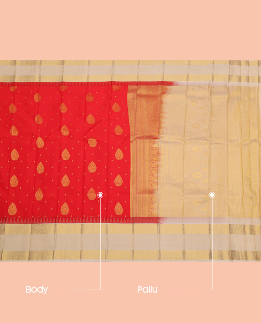 Orange Budget Silk Saree, Delicately Woven with Zari Buttas, Complemented by a Contrast Traditional Zari Rettai Pettu Border, Grand Pallu, and Contrast Blouse