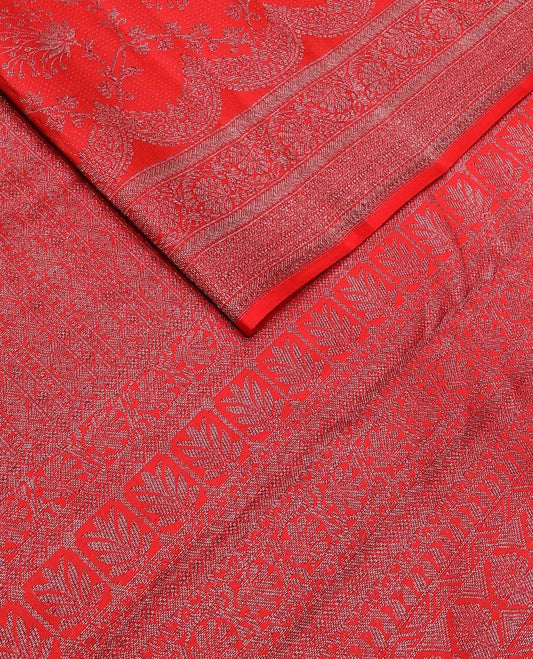Red floral jaal jacquard silk saree, self-border & pallu of sparsely zari woven intricate designs
