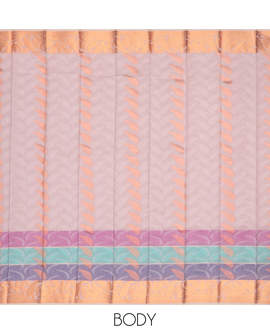 Peach leaf motifs kora cotton saree with contrast zari design border & pallu of intricate zari design