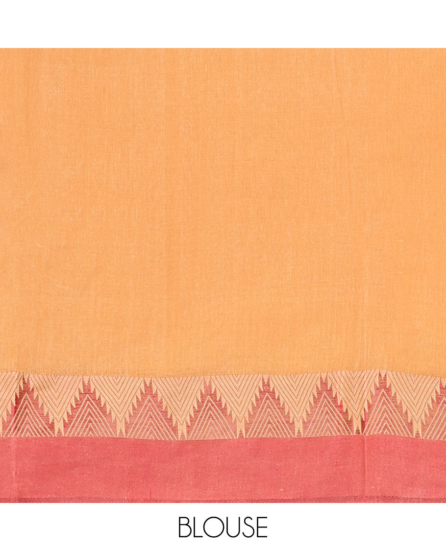 Orange Bengal Cotton Saree, Subtly Woven with Buttas, Contrast Temple Border, Pallu of Stripes, and Matching Blouse
