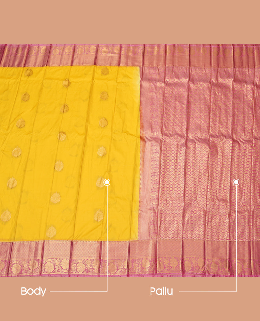 Yellow Budget Silk Saree, Sparsely Decked Up with Zari Buttas, Complemented by Contrast Traditional Zari Border, Jaal Pallu and a Contrast Blouse