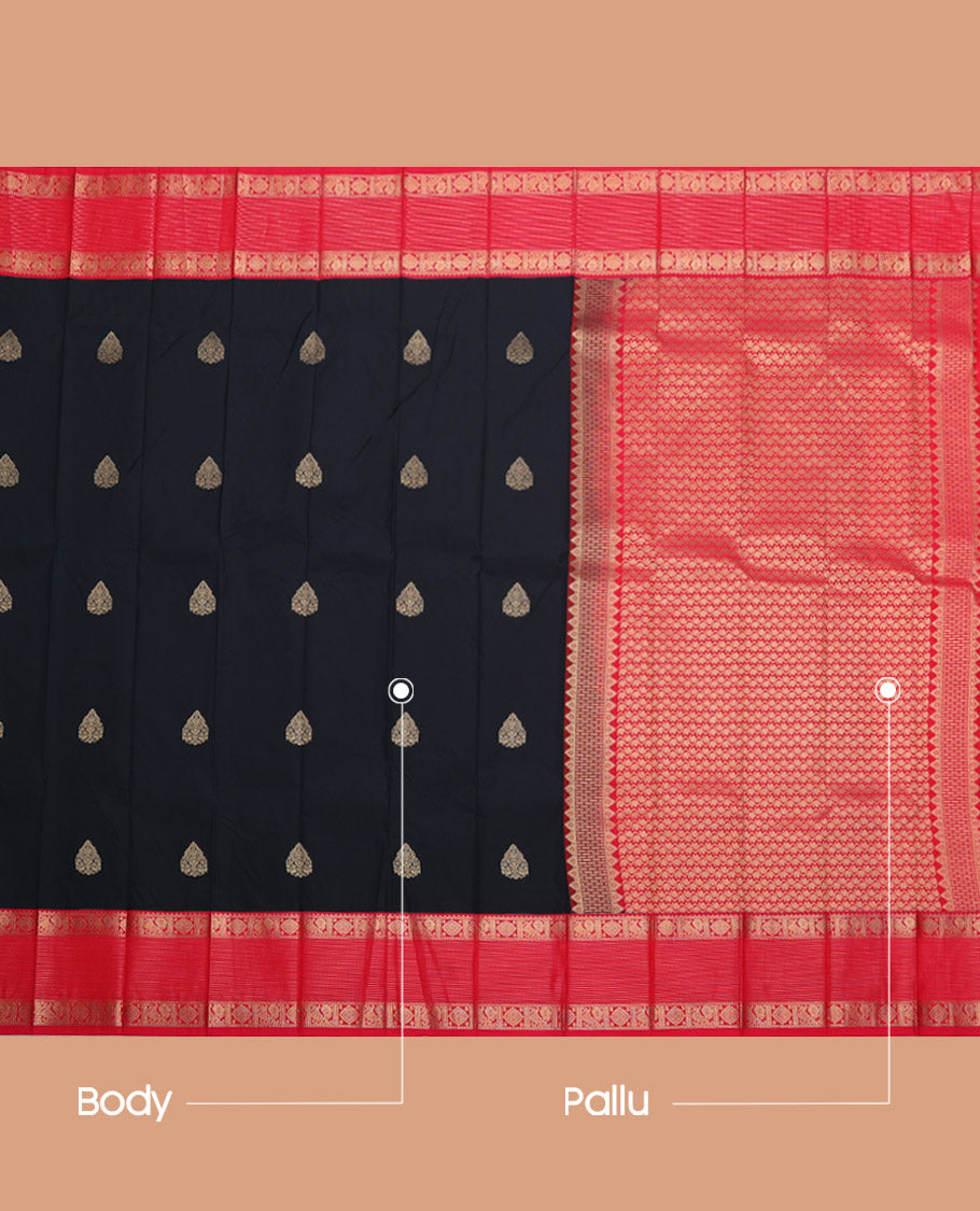Black Budget Silk Saree, Crafted with Buttas, Complemented by a Contrast Traditional Zari Border, Grand Pallu, and a Contrast Blouse