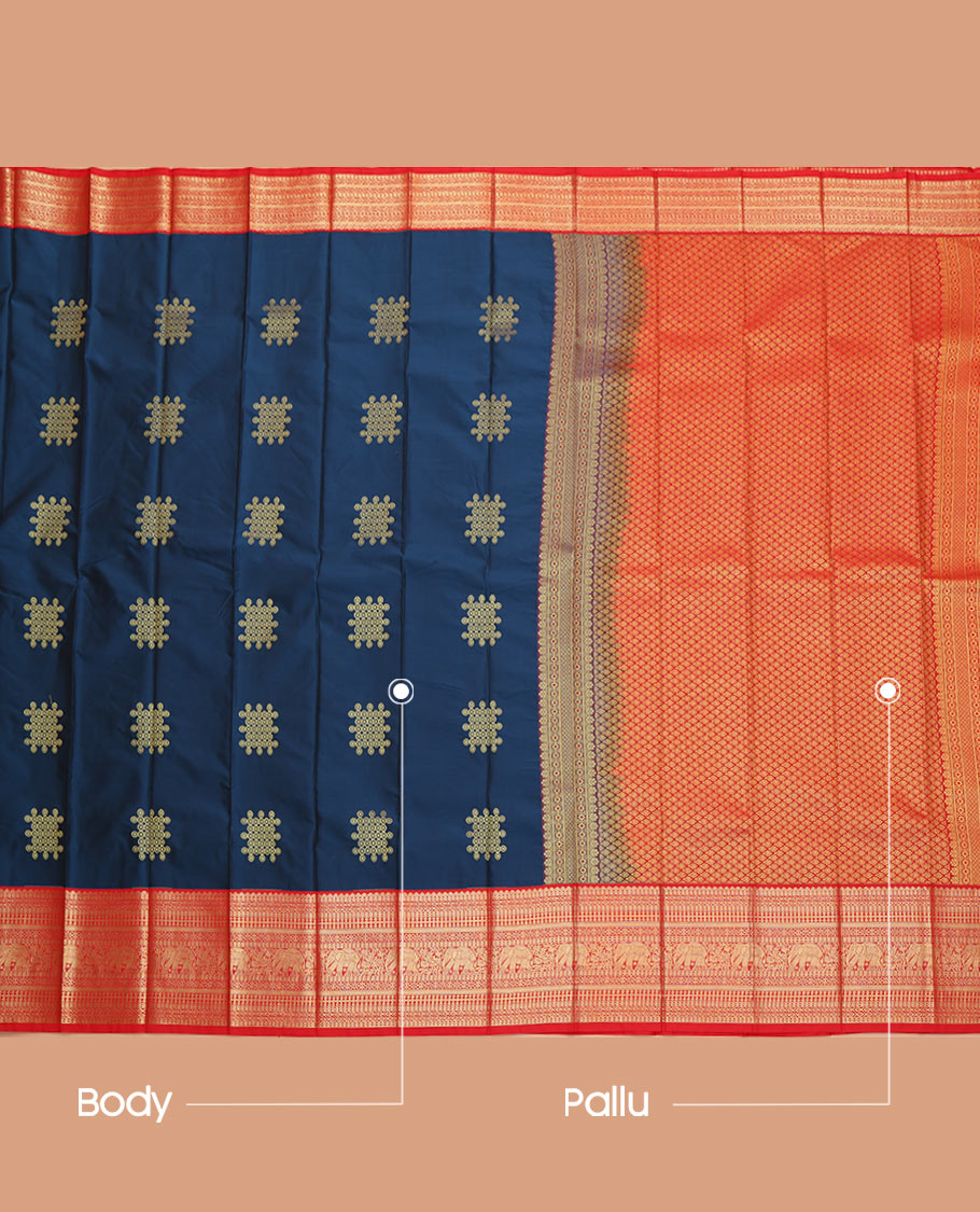 Blue Budget Silk Saree, Accentuated with Kolam Buttas on Its Body, Complemented by Contrast Traditional Zari Design Border, Grand Jaal Pallu, and Paired with a Contrast Blouse
