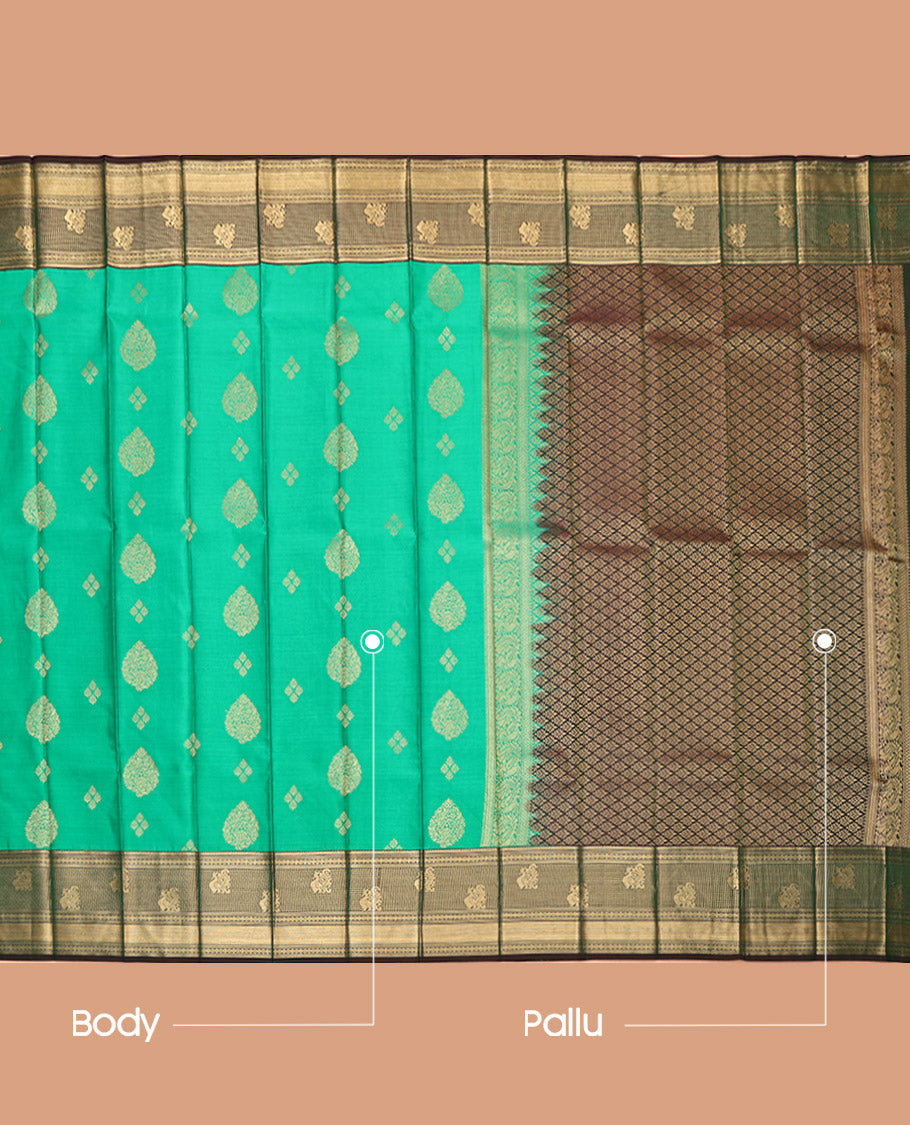 Green Budget Silk Saree, Graced with Zari Buttas, Complemented by a Contrast Traditional Zari Border, Jaal Pallu, and a Contrast Blouse